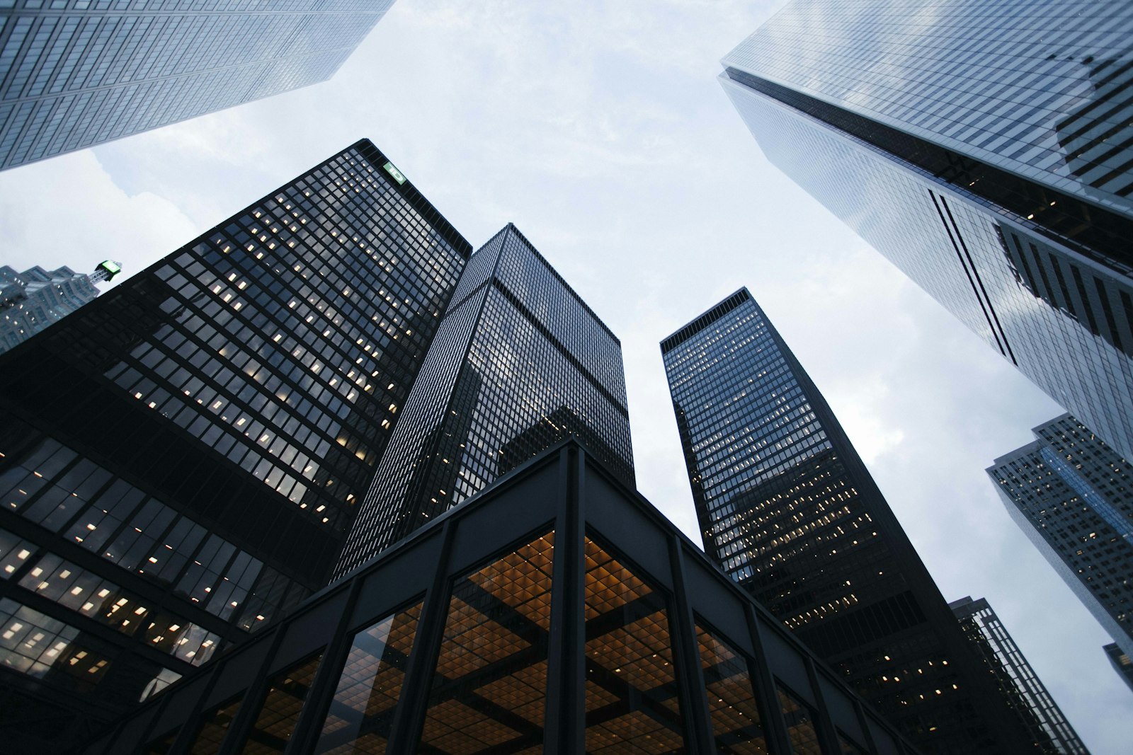 Glass towers reflecting golden light